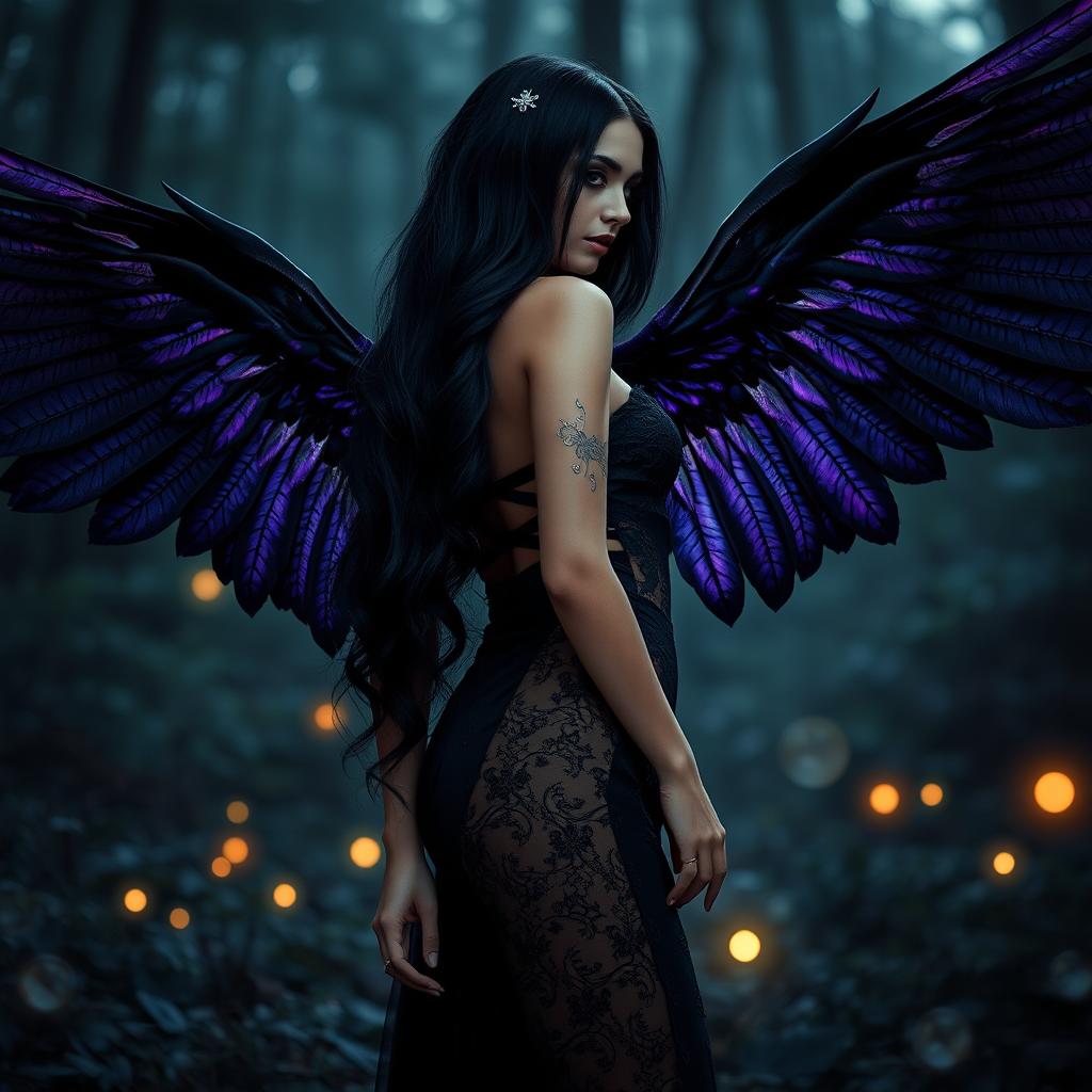 A mesmerizing scene that combines gothic, sexy, and fantasy elements, featuring a captivating woman with elegant, expansive wings