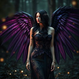 A mesmerizing scene that combines gothic, sexy, and fantasy elements, featuring a captivating woman with elegant, expansive wings