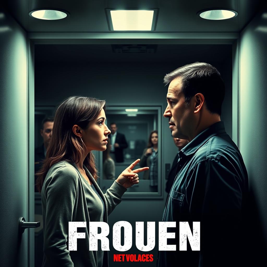 An intense movie cover showcasing a police station scene where a victim is standing face-to-face with a suspect in a small interrogation room