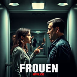 An intense movie cover showcasing a police station scene where a victim is standing face-to-face with a suspect in a small interrogation room