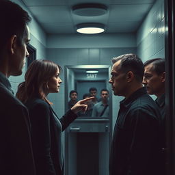 An intense movie cover showcasing a police station scene where a victim is standing face-to-face with a suspect in a small interrogation room