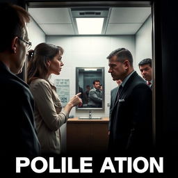 An intense movie cover showcasing a police station scene where a victim is standing face-to-face with a suspect in a small interrogation room