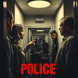 An intense movie cover showcasing a police station scene where a victim is standing face-to-face with a suspect in a small interrogation room