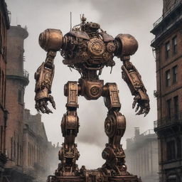 A towering steampunk mecha, intricately designed with bronze gears, steam vents, and intricate mechanical details, standing powerfully against an industrial Victorian backdrop.