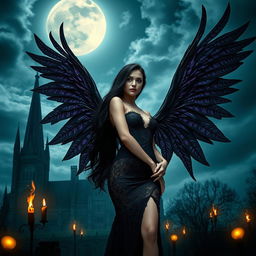 An enchanting scene that merges gothic, sexy, and fantasy elements, featuring a captivating woman with stunning, intricate wings