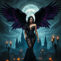 An enchanting scene that merges gothic, sexy, and fantasy elements, featuring a captivating woman with stunning, intricate wings