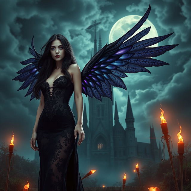 An enchanting scene that merges gothic, sexy, and fantasy elements, featuring a captivating woman with stunning, intricate wings