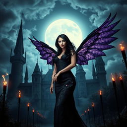 An enchanting scene that merges gothic, sexy, and fantasy elements, featuring a captivating woman with stunning, intricate wings