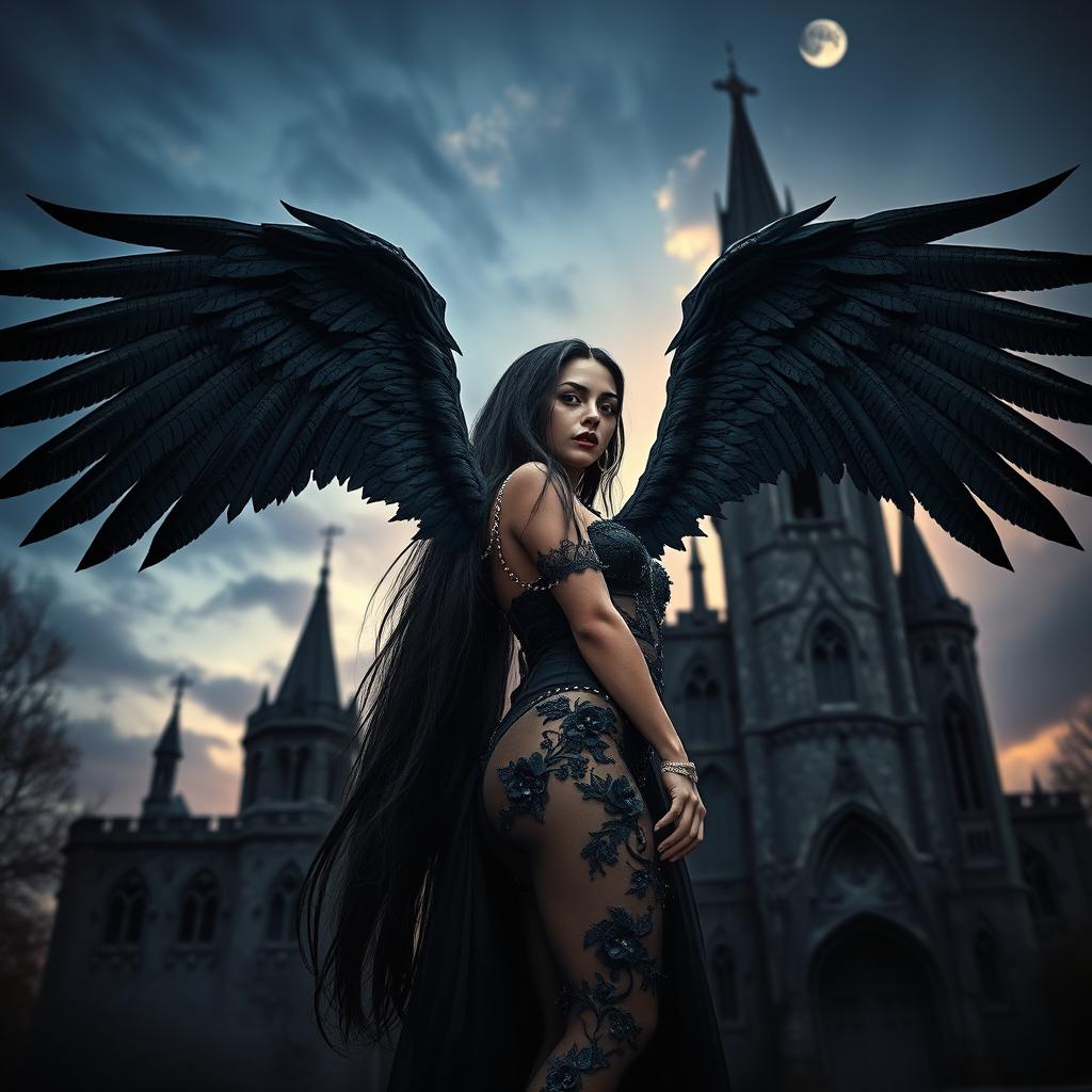 A stunning scene that merges gothic, sexy, and fantasy themes, featuring a breathtaking woman with large, detailed black wings