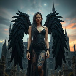 A stunning scene that merges gothic, sexy, and fantasy themes, featuring a breathtaking woman with large, detailed black wings