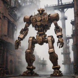 A towering steampunk mecha, intricately designed with bronze gears, steam vents, and intricate mechanical details, standing powerfully against an industrial Victorian backdrop.