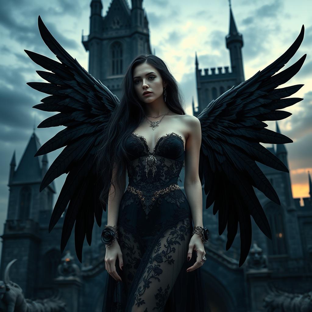 A stunning scene that merges gothic, sexy, and fantasy themes, featuring a breathtaking woman with large, detailed black wings