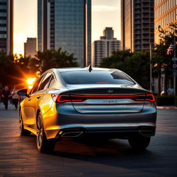 A sleek, modern rear-view of a hybrid sedan parked in an urban environment during sunset