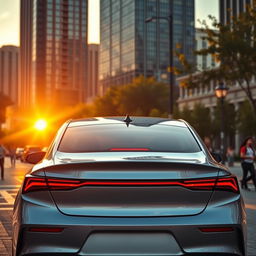 A sleek, modern rear-view of a hybrid sedan parked in an urban environment during sunset