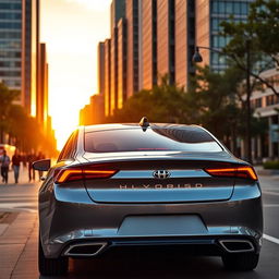 A sleek, modern rear-view of a hybrid sedan parked in an urban environment during sunset