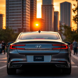 A sleek, modern rear-view of a hybrid sedan parked in an urban environment during sunset