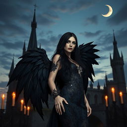 A captivating scene that combines gothic, sexy, and fantasy themes, showcasing a stunning gothic vampire woman with large, intricately designed black wings