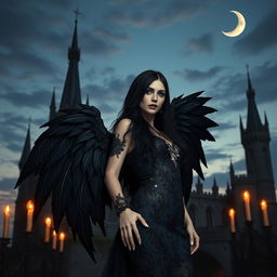 A captivating scene that combines gothic, sexy, and fantasy themes, showcasing a stunning gothic vampire woman with large, intricately designed black wings