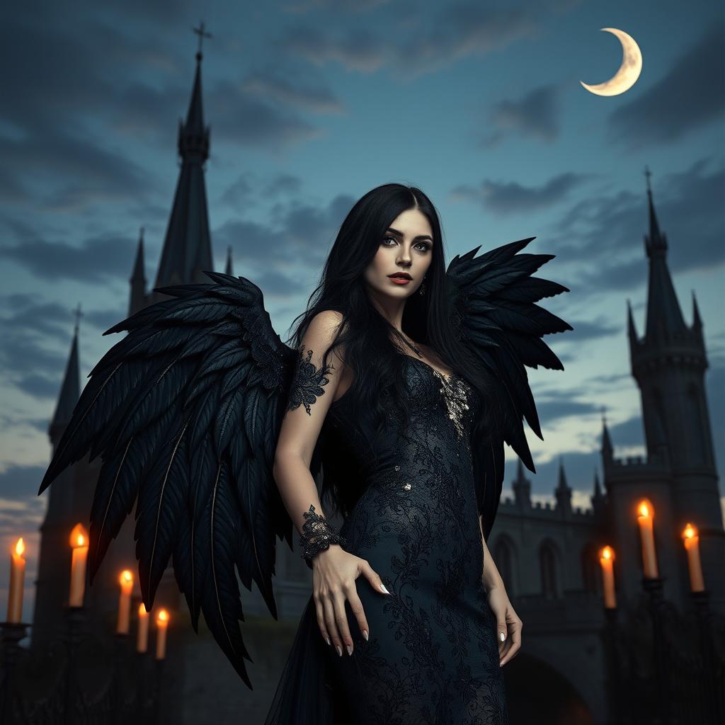A captivating scene that combines gothic, sexy, and fantasy themes, showcasing a stunning gothic vampire woman with large, intricately designed black wings
