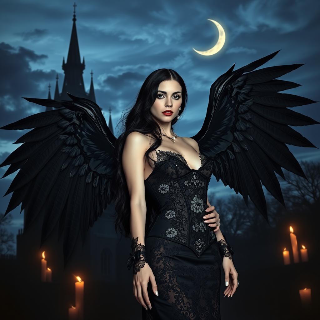 A captivating scene that combines gothic, sexy, and fantasy themes, showcasing a stunning gothic vampire woman with large, intricately designed black wings