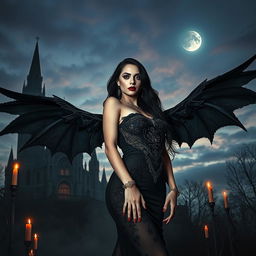 A captivating scene that combines gothic, sexy, and fantasy themes, showcasing a stunning gothic vampire woman with large, intricately designed black wings