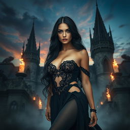 A mesmerizing scene that encapsulates gothic, sexy, and fantasy themes, featuring a striking woman at the forefront