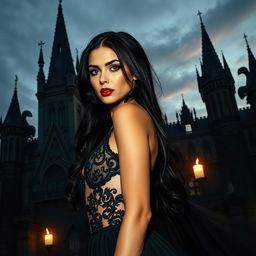 A mesmerizing scene that encapsulates gothic, sexy, and fantasy themes, featuring a striking woman at the forefront