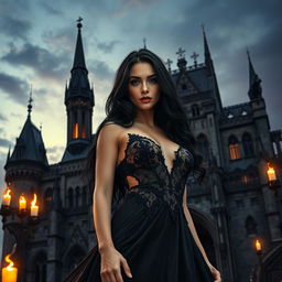 A mesmerizing scene that encapsulates gothic, sexy, and fantasy themes, featuring a striking woman at the forefront