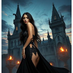 A mesmerizing scene that encapsulates gothic, sexy, and fantasy themes, featuring a striking woman at the forefront