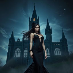 A mesmerizing fantasy scene that beautifully incorporates gothic and sexy elements, featuring an enchanting figure standing in the foreground