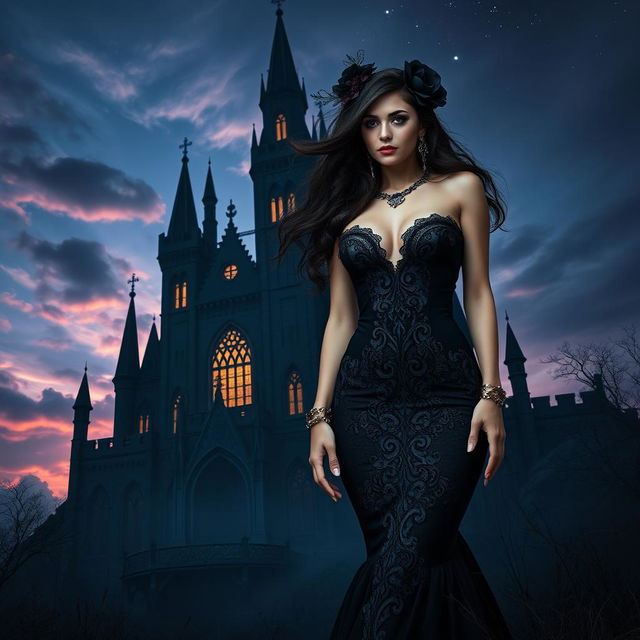 A mesmerizing fantasy scene that beautifully incorporates gothic and sexy elements, featuring an enchanting figure standing in the foreground