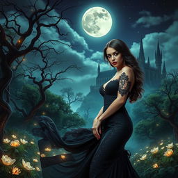 A visually stunning fantasy scene that embodies gothic and sexy elements, set in an enchanting landscape