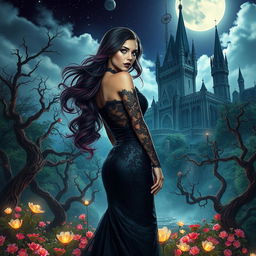 A visually stunning fantasy scene that embodies gothic and sexy elements, set in an enchanting landscape