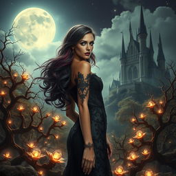 A visually stunning fantasy scene that embodies gothic and sexy elements, set in an enchanting landscape