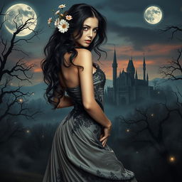 A captivating fantasy scene that beautifully merges gothic and sexy aesthetics, featuring an enchanting figure in the foreground