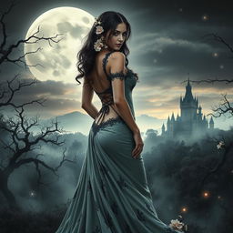 A captivating fantasy scene that beautifully merges gothic and sexy aesthetics, featuring an enchanting figure in the foreground