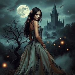 A captivating fantasy scene that beautifully merges gothic and sexy aesthetics, featuring an enchanting figure in the foreground