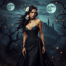 A captivating fantasy scene that beautifully merges gothic and sexy aesthetics, featuring an enchanting figure in the foreground