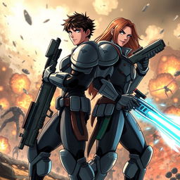 Two heroic figures clad in futuristic armor, one with a high-tech rifle and the other with a powerful energy weapon, standing back-to-back amidst a fierce battle with alien invaders