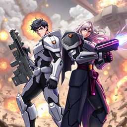 Two heroic figures clad in futuristic armor, one with a high-tech rifle and the other with a powerful energy weapon, standing back-to-back amidst a fierce battle with alien invaders