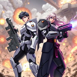 Two heroic figures clad in futuristic armor, one with a high-tech rifle and the other with a powerful energy weapon, standing back-to-back amidst a fierce battle with alien invaders