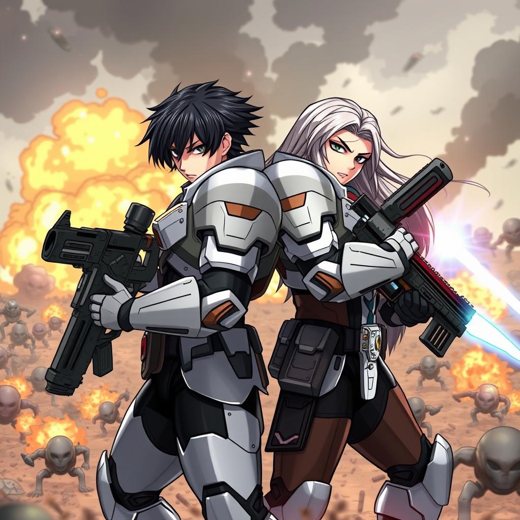 Two heroic figures clad in futuristic armor, one with a high-tech rifle and the other with a powerful energy weapon, standing back-to-back amidst a fierce battle with alien invaders