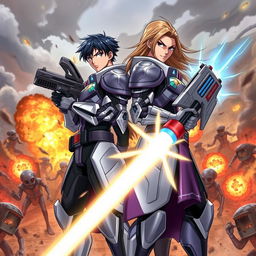 Two heroic figures clad in futuristic armor, one with a high-tech rifle and the other with a powerful energy weapon, standing back-to-back amidst a fierce battle with alien invaders