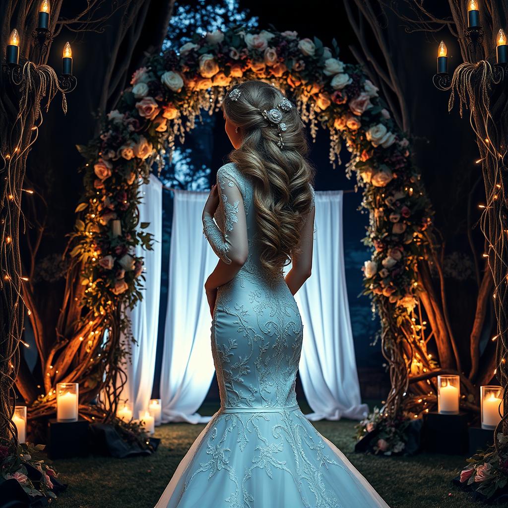 A stunning fantasy wedding scene that beautifully blends gothic and sexy aesthetics