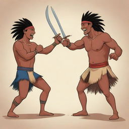 Two brave indigenous men engaged in a sword fight drawn in a cartoon style.