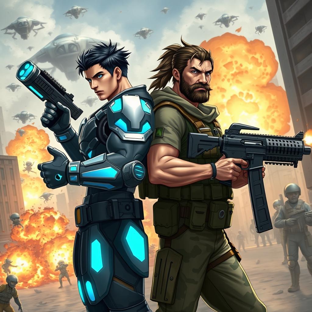 Two heroic male figures standing back-to-back, fiercely shooting at a group of invading aliens