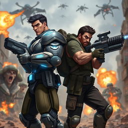 Two heroic male figures standing back-to-back, fiercely shooting at a group of invading aliens