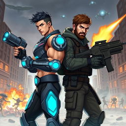 Two heroic male figures standing back-to-back, fiercely shooting at a group of invading aliens