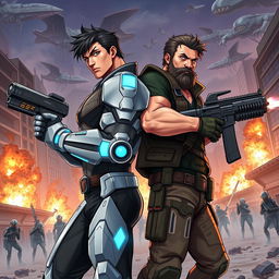 Two heroic male figures standing back-to-back, fiercely shooting at a group of invading aliens