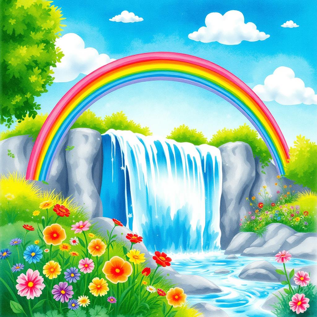 A vibrant and enchanting scene featuring a rainbow arching gracefully over a majestic waterfall, surrounded by lush greenery and colorful flowers